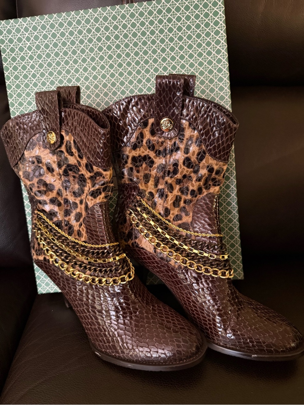 J.Renee Brown Faux-Snakeskin & Leopard Print Ankle Boots with Gold Chains